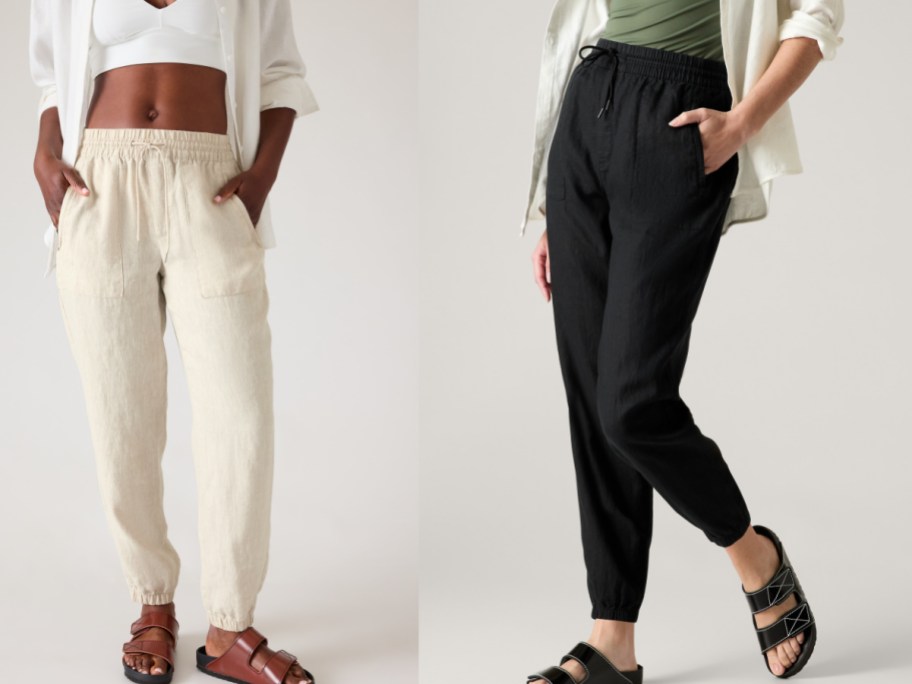 model images of Athleta linen Joggers in two different colors
