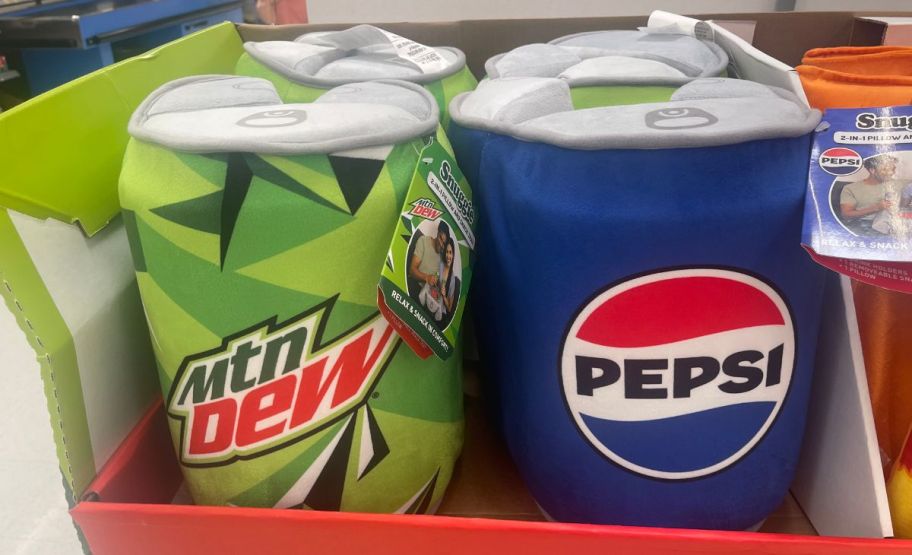 a mountain dew and pepsi can 2 in one snack tray pillows
