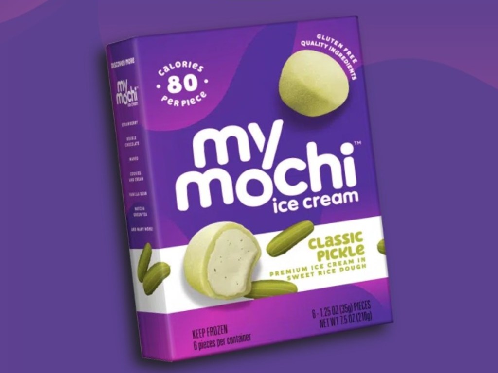 box of MyMochi ice cream on a purple background