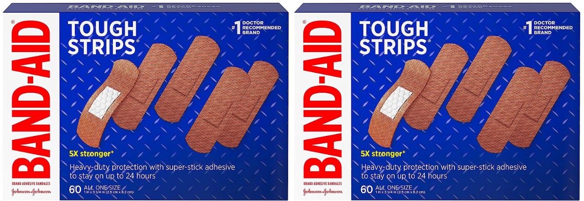 2 60 count boxes of Band Aid Brand Tough Strips Adhesive Bandages