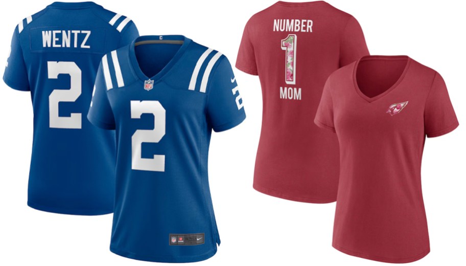 blue jersey and red tee