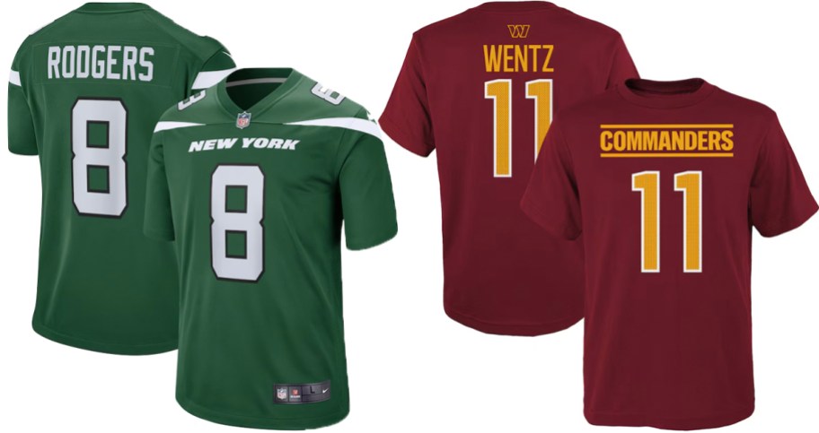 green jersey and red tee