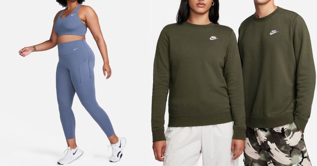 woman wearing blue workout outfit and woman and man wearing green nike sweatshirts