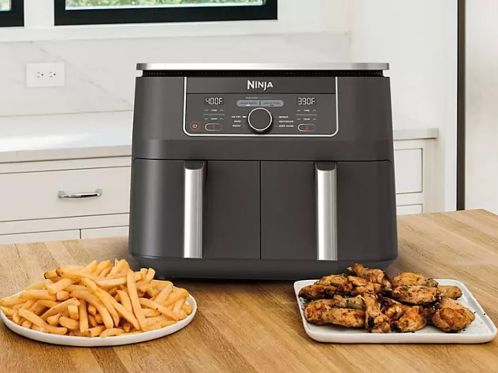 ninja foodi air fryer with plate of fries and chicken wings