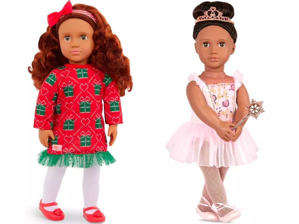 two our generation dolls one wearing red and green holiday outfit and one dressed like a ballerina