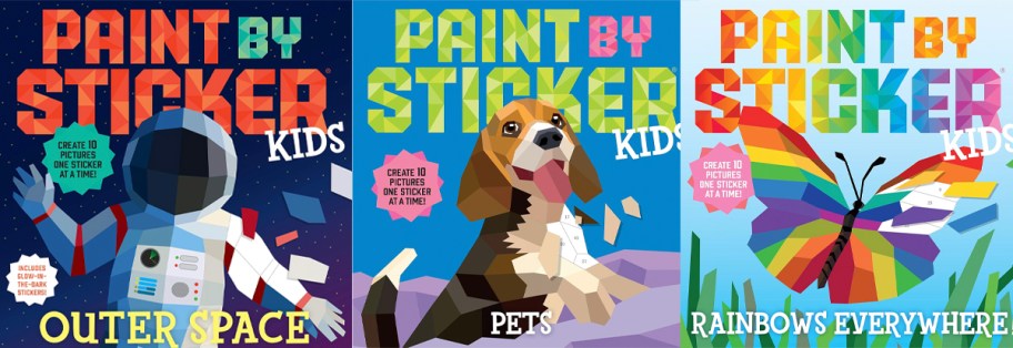 space, pets, and rainbow paint by sticker books 