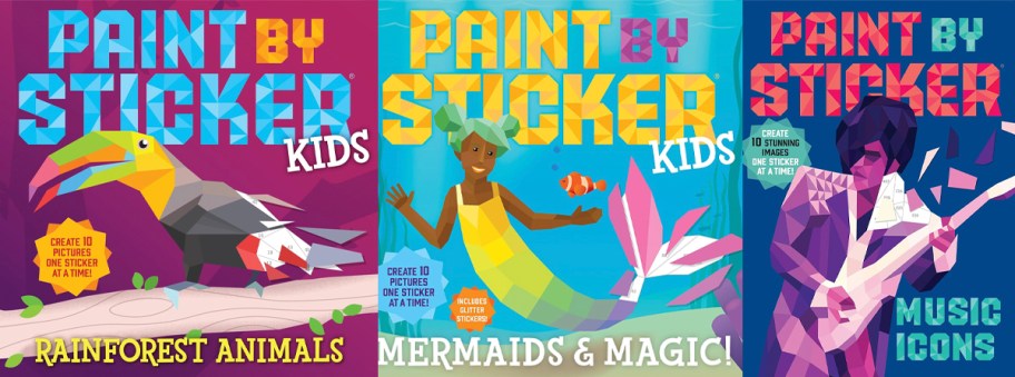 animals, mermaids and music paint by sticker books 