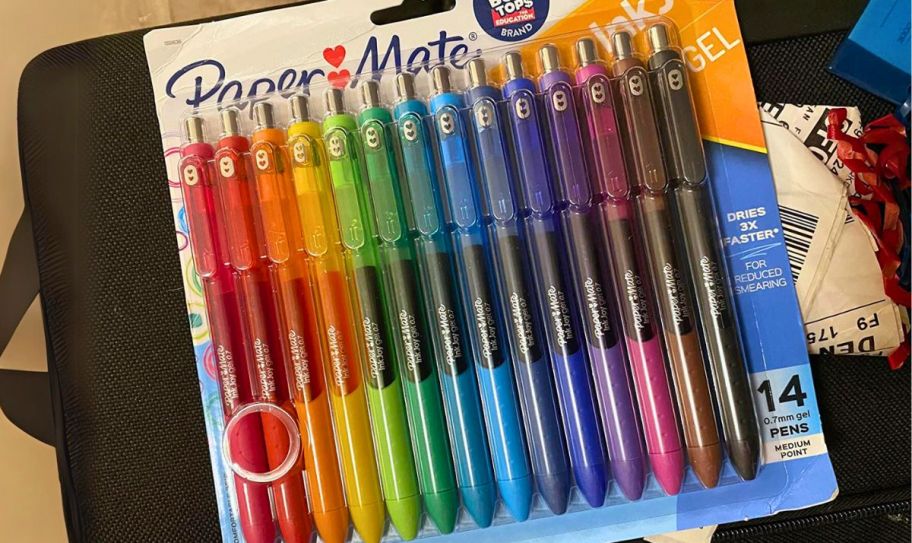 a package of paper mate inkjoy gel pens on a desk top