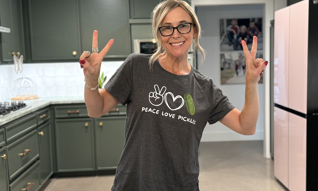 woman wearing Peace Love Pickles shirt 