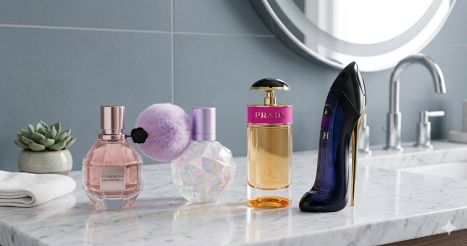 perfume bottles on a bathroom counter