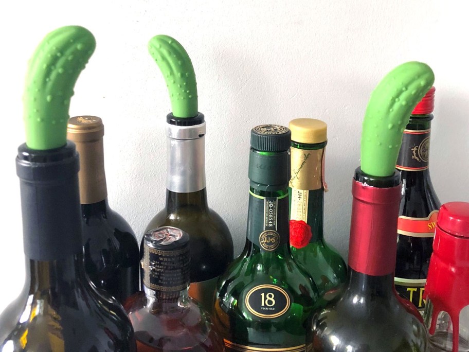 wine bottles stopped with silicone pickles 