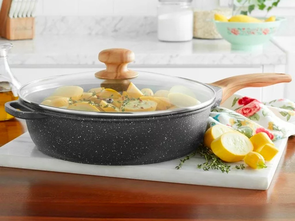 pioneer woman frying pan with food inside on counter