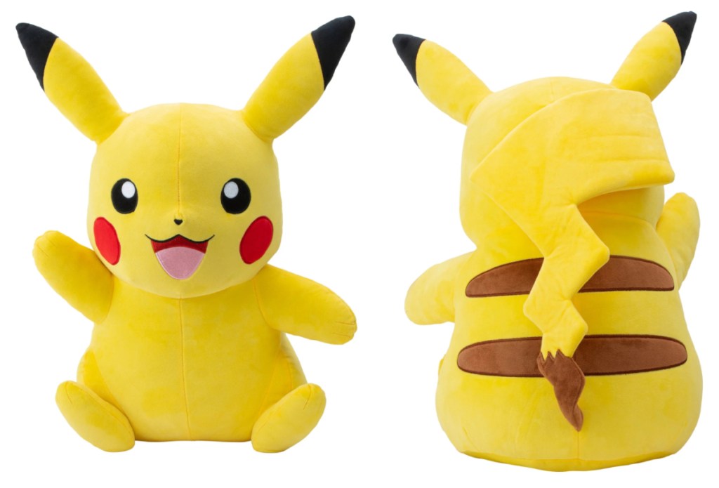 front and back view of plush Pikachu