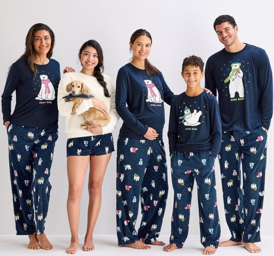 family of 5 wearing matching polar bear family pjs