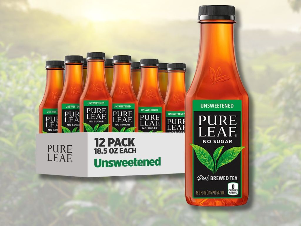 12 pack of unsweetened pure leaf tea on tea field background