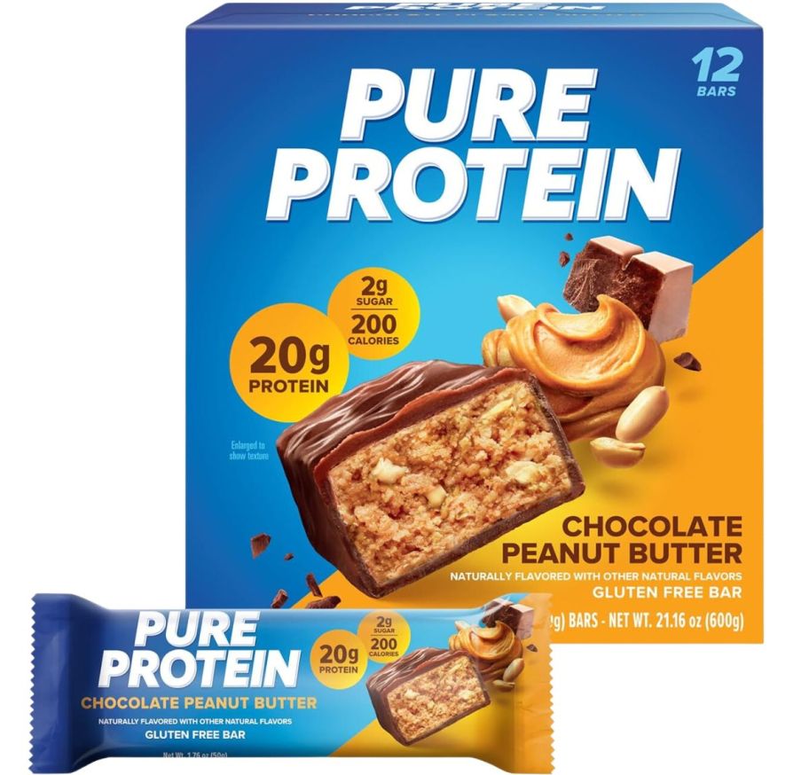 a 12 count box of pure protein bars in chocolate and peanut butter