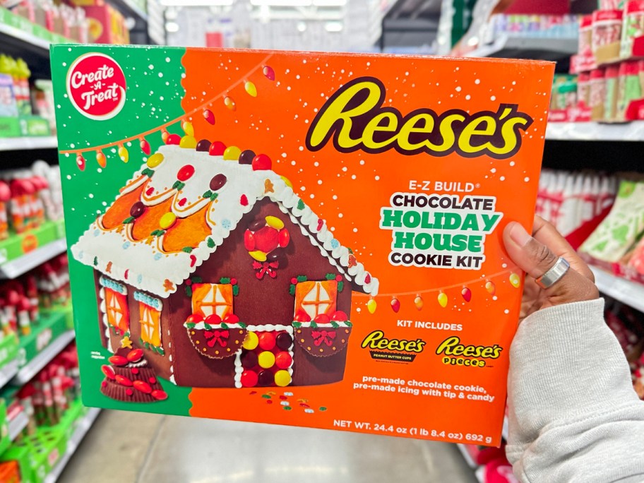 hand holding reeses cookie house kit 