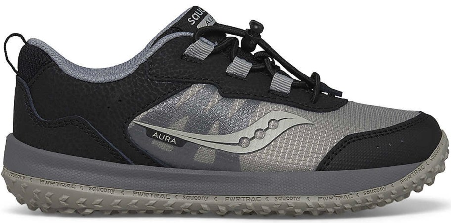 black and gray kids saucony shoe