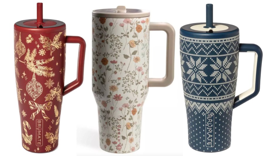 red and gold and floral and wintery green tumblers