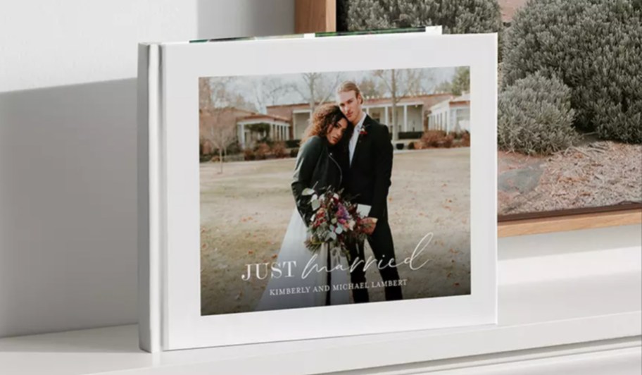 just married photo book on ledge