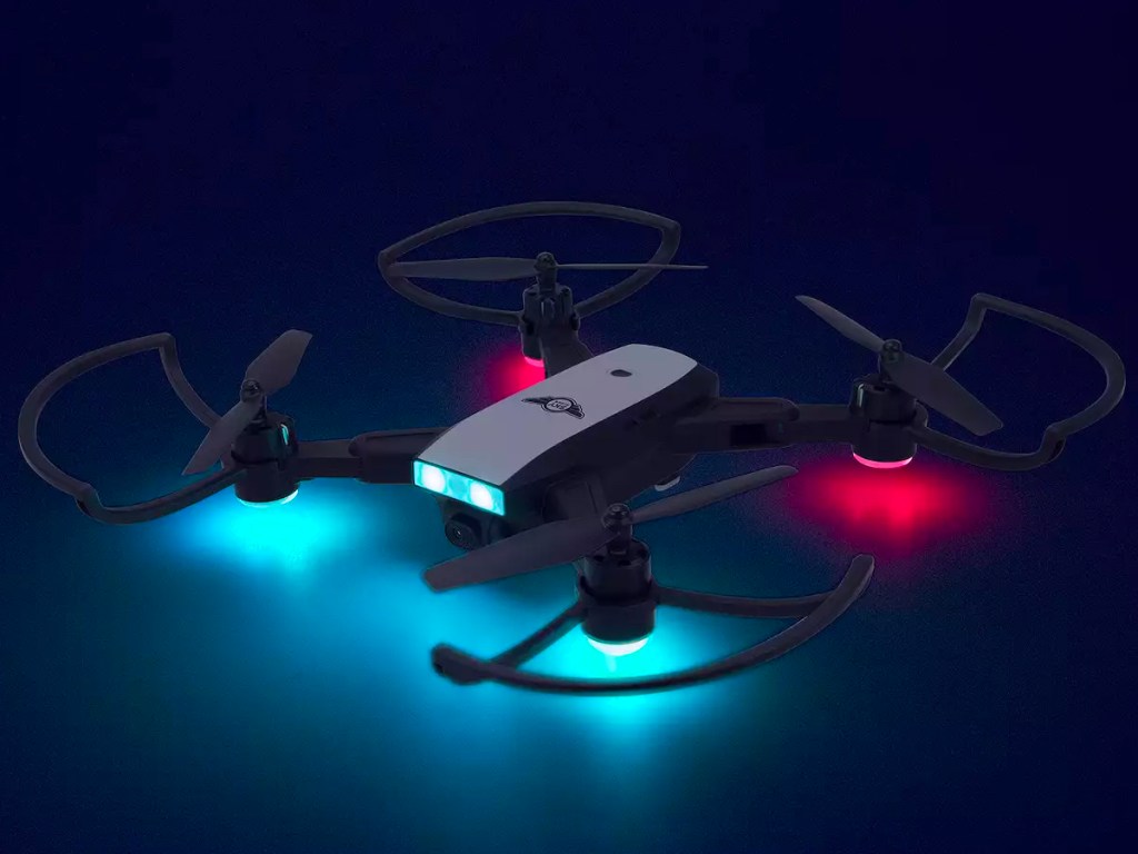 black and white drone with lights
