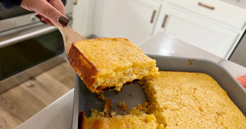 slice of cornbread casserole on a spatula