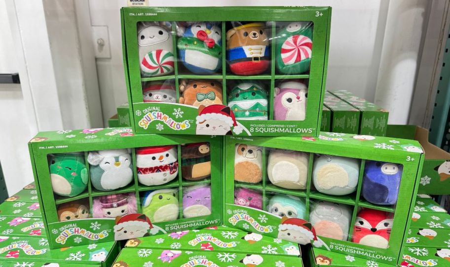 3 8 packs of squishmallows christmas ornaments in a costco