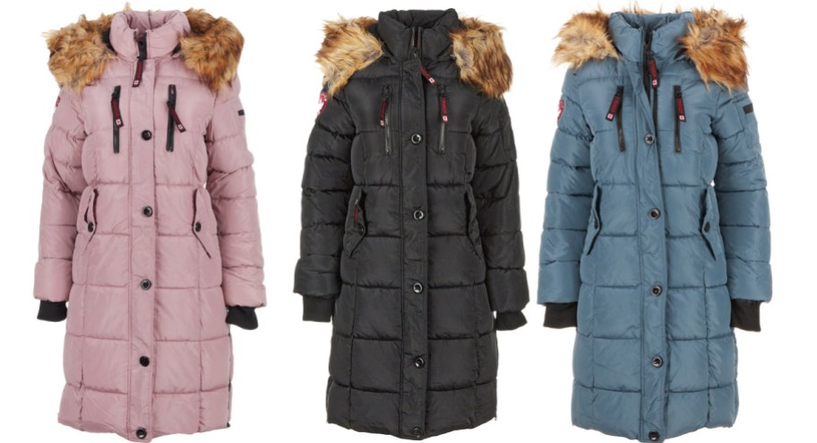 stock image of three Canada jackets in pink, black and blue