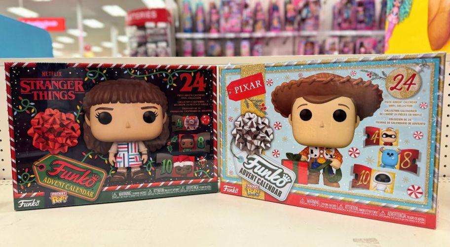 stranger things and toy story advent calendars on a shelf in a target store