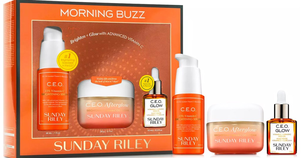 sunday riley morning buzz gift set box with products next to it