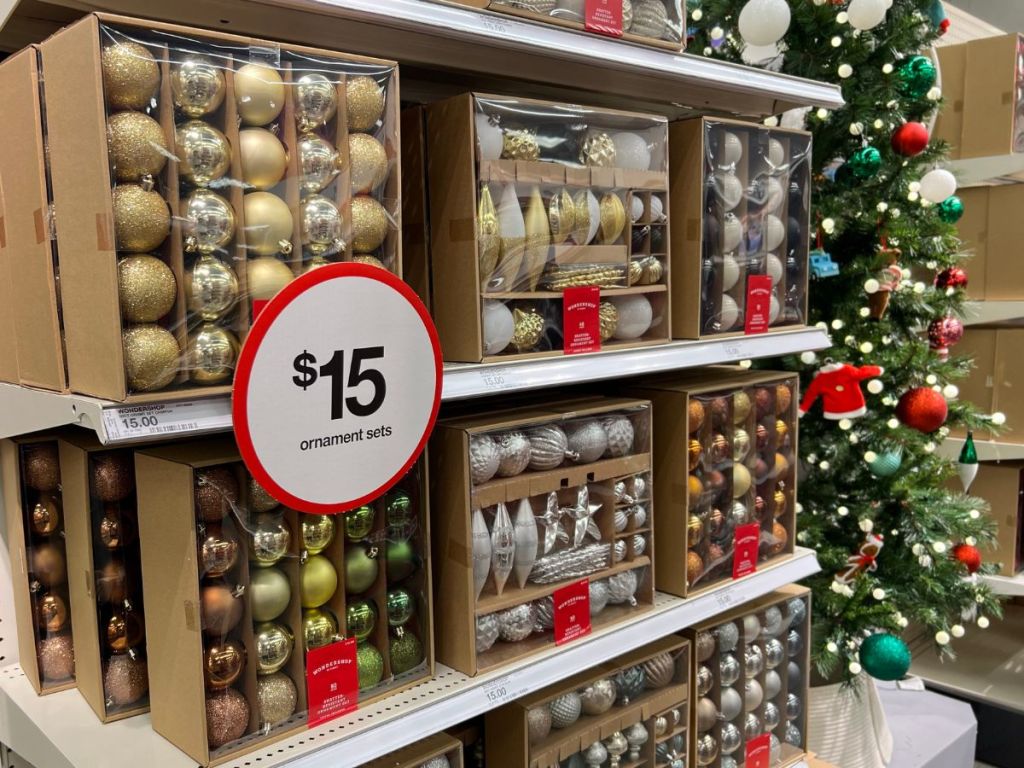 boxed christmas tree ornament sets on shelves in target ornament