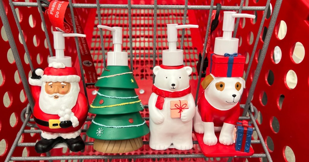 4 Christmas hand soap dispensers in a Target shopping cart