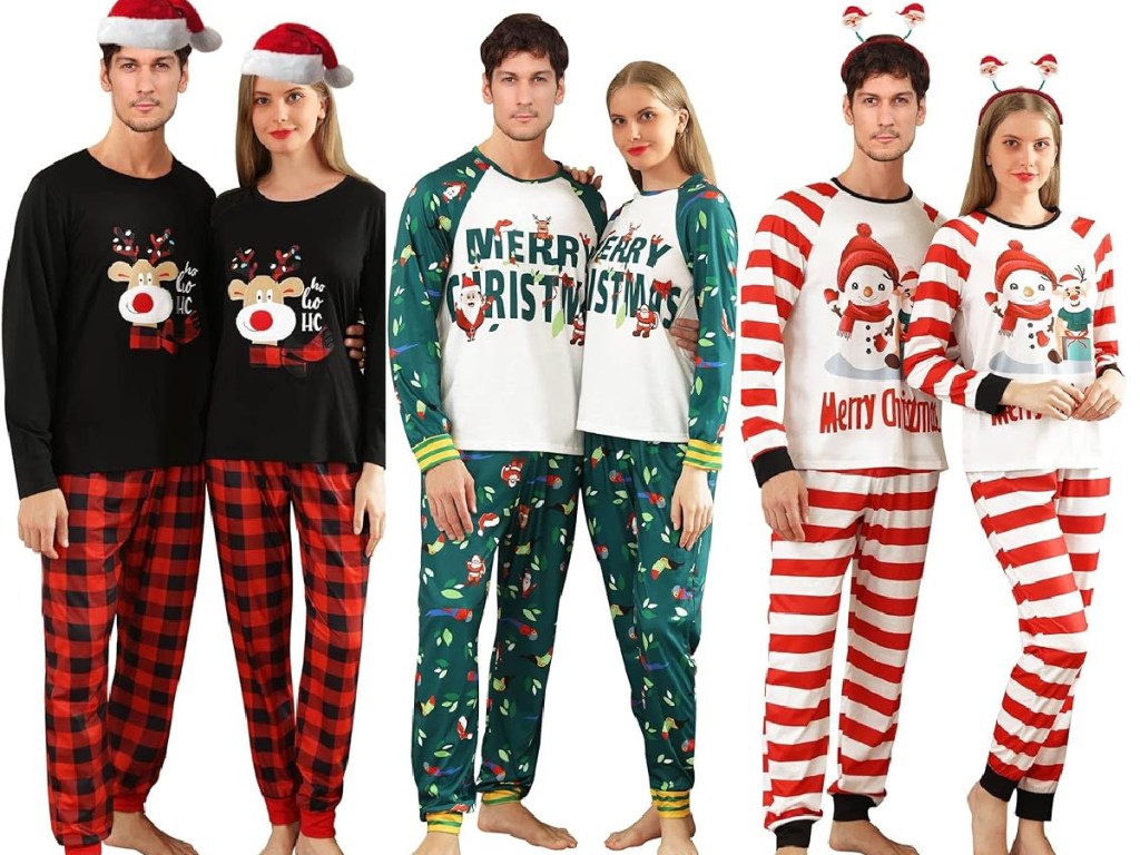 three couples wearing Christmas matching pajamas