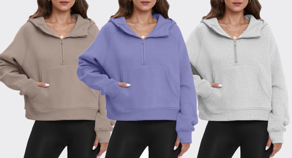 three models wearing Lululemon dupes in different colors