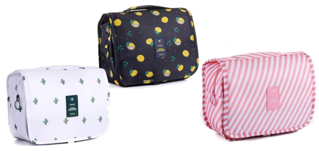 three toiletry bags in different patterns