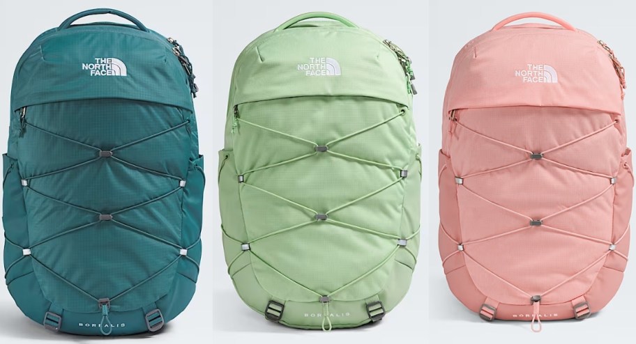 three large backpacks in assorted solid colors