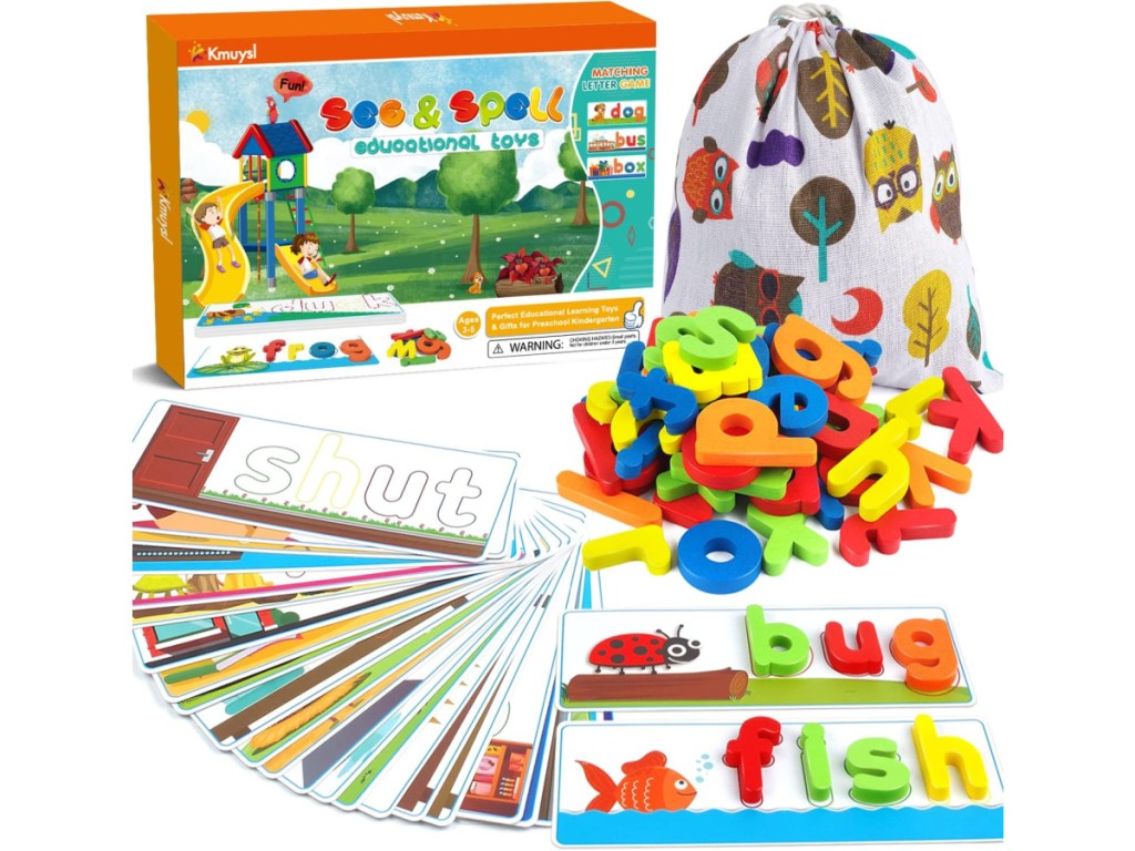 toy with letters, bags and flashcards displayed