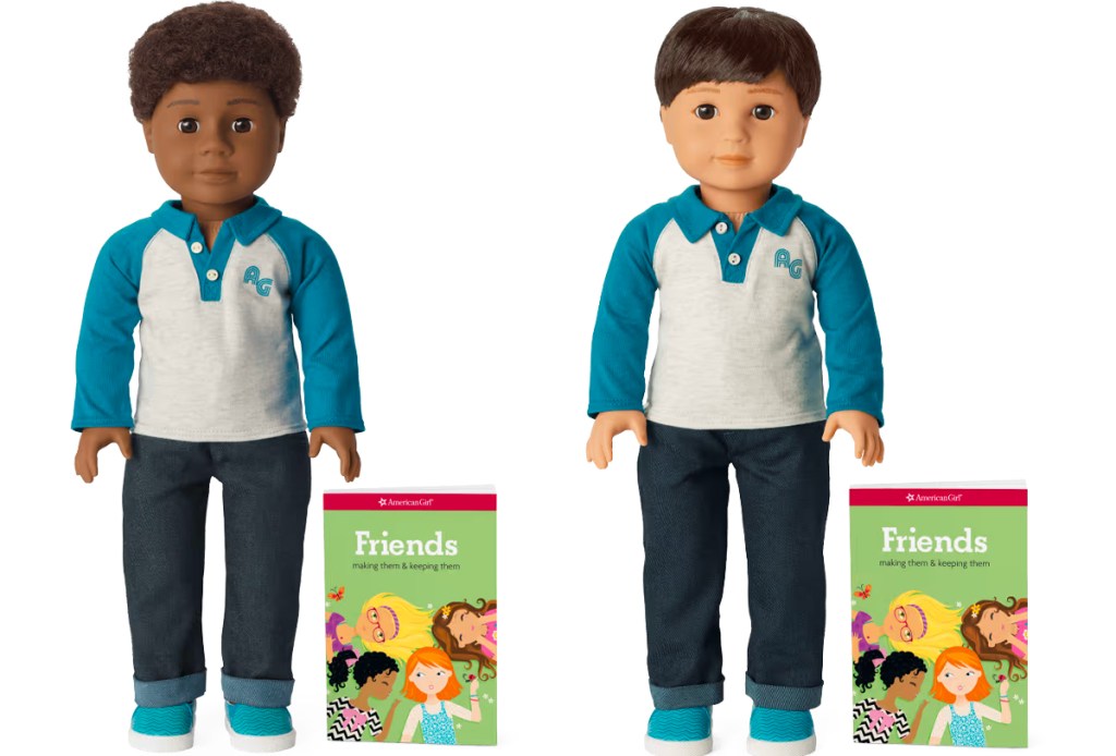 two american girl boy dolls in jeans and tan/blue shirts