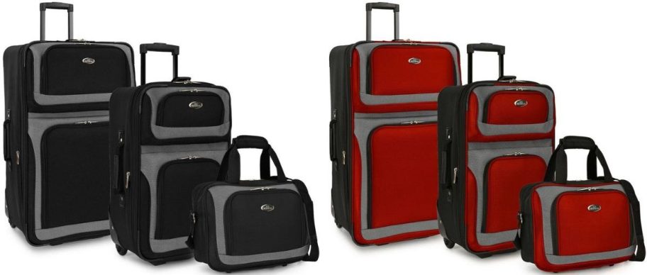 Two 3-piece soft side luggage sets - one in black and one in red.