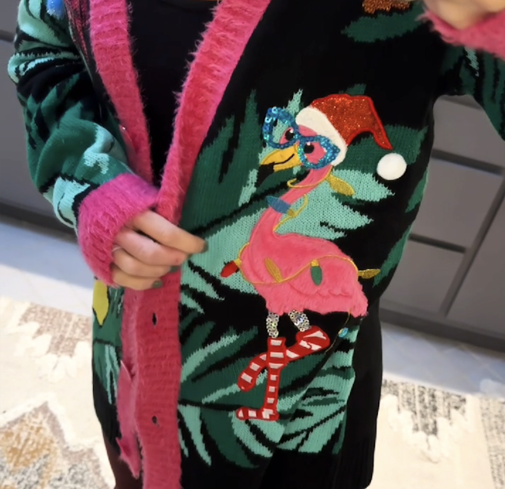Ugly Christmas sweater cardigan with pink flamingo 