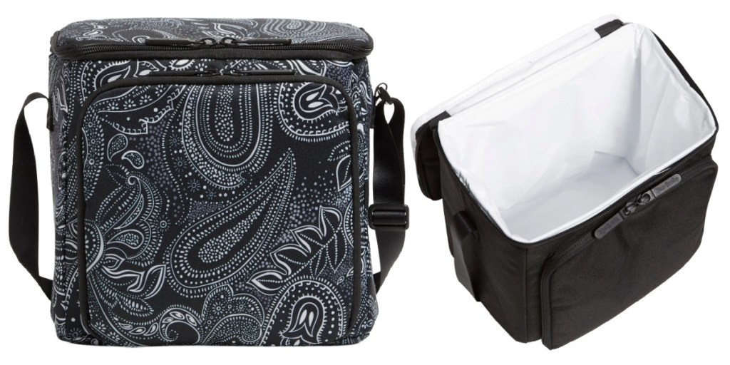 paisley lunch cooler and opened black cooler