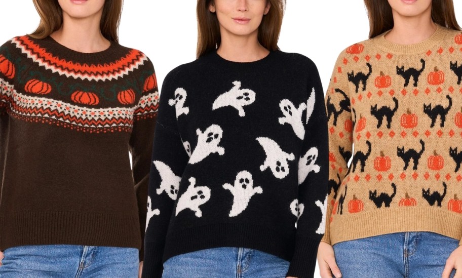 3 models wearing fall and halloween seasonal sweaters