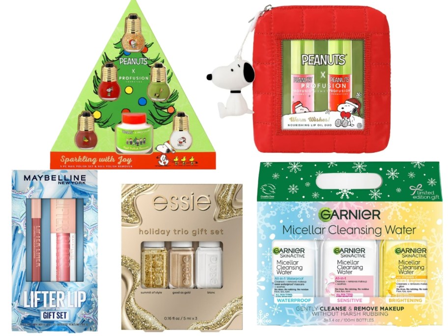 Peanuts nail polish and lip gloss gift sets, Maybelline lip color gift set in a blue box, Essie holiday nail polish set in a gold box, and Garnier Micellar Water set in box