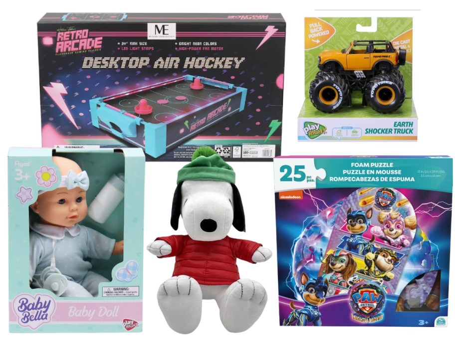 a tabletop air hockey game in a box, a small monster wheels toy car, a baby doll in the packaging, a Snoopy plush, and a Paw Patrol puzzle in the box