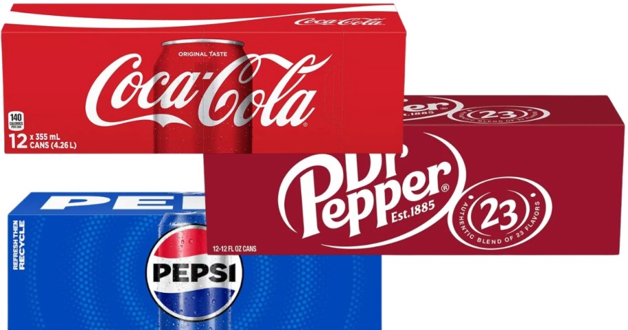 boxes of Coca-Cola, Dr. Pepper, and Pepsi 12 pack cans