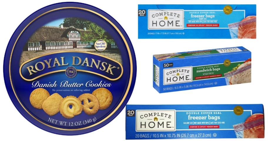 a tin of Royal Dansk butter cookies and 3 boxes of food storage bags