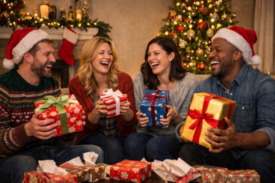 friends on couch holding gifts in living room decorated for christmas
