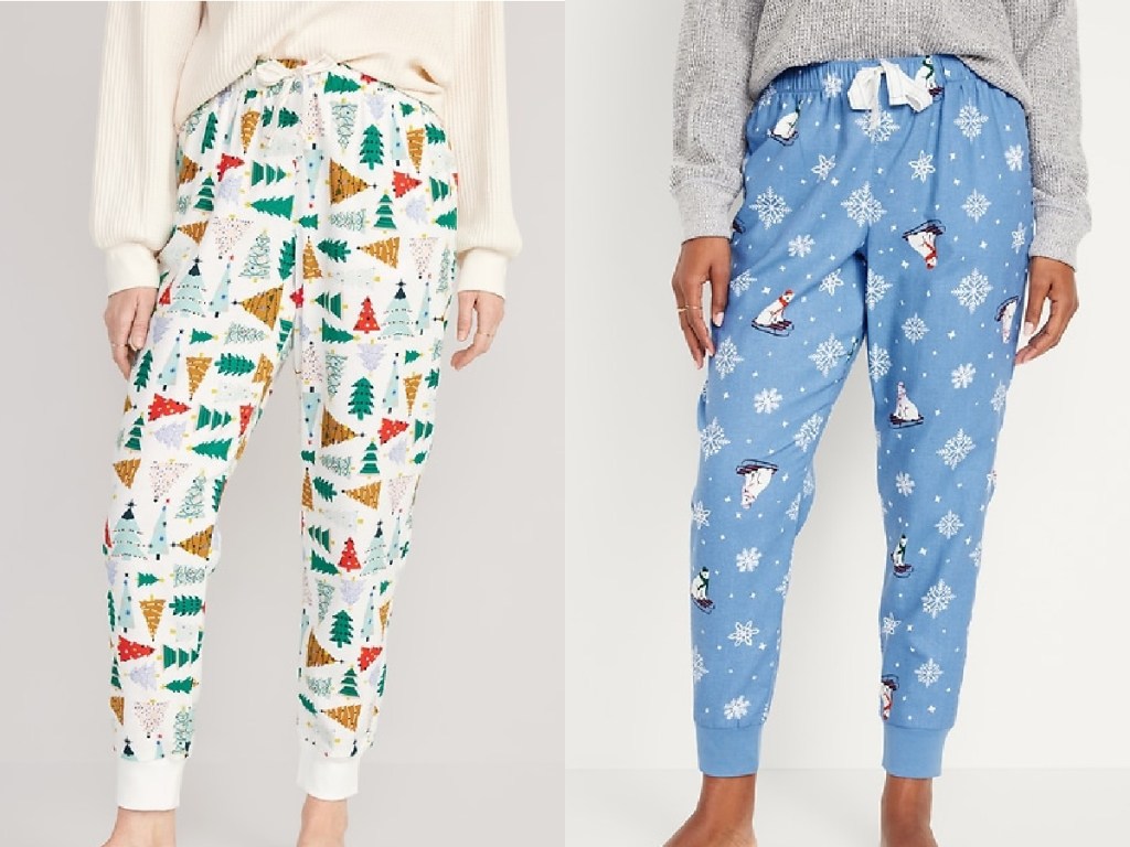 women wearing old navy jogger Christmas pajamas