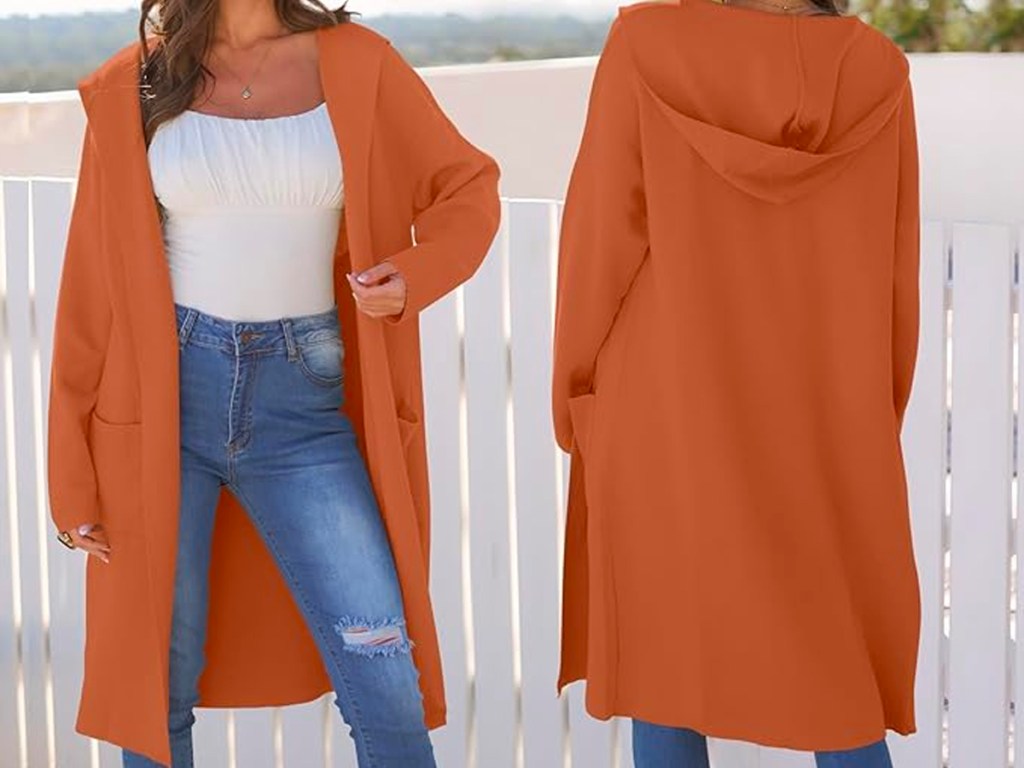 woman wearing orange cardigan front and back image