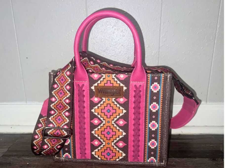 a pink aztec print canvas tote bag